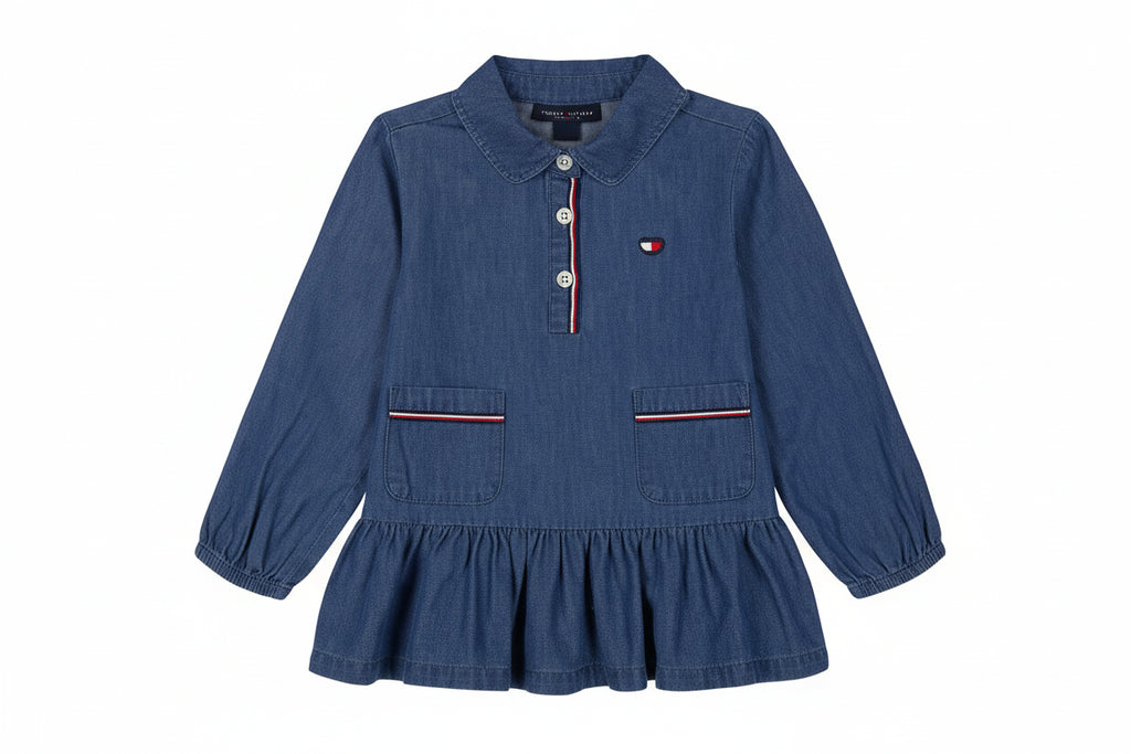 Tommy Hilfiger Girls Ruffle Hem Long Sleeve Denim Tunic
