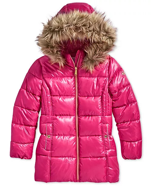 Michael Kors Toddler Girls Hooded Puffer Stadium Coat with Faux-Fur Trim
