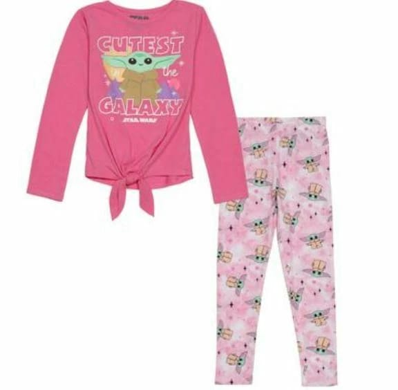 Pink long-sleeve top and pants set with 'Cutest in the Galaxy' text and character design on a white background.