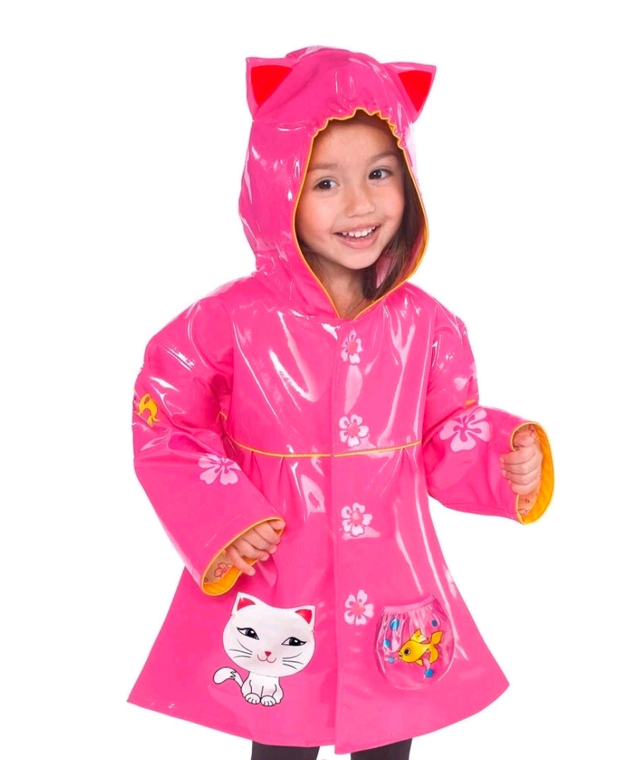 Kids Waterproof Jacket Childrens Coat Pink Cat Hooded Raincoat Mac - Kidorable