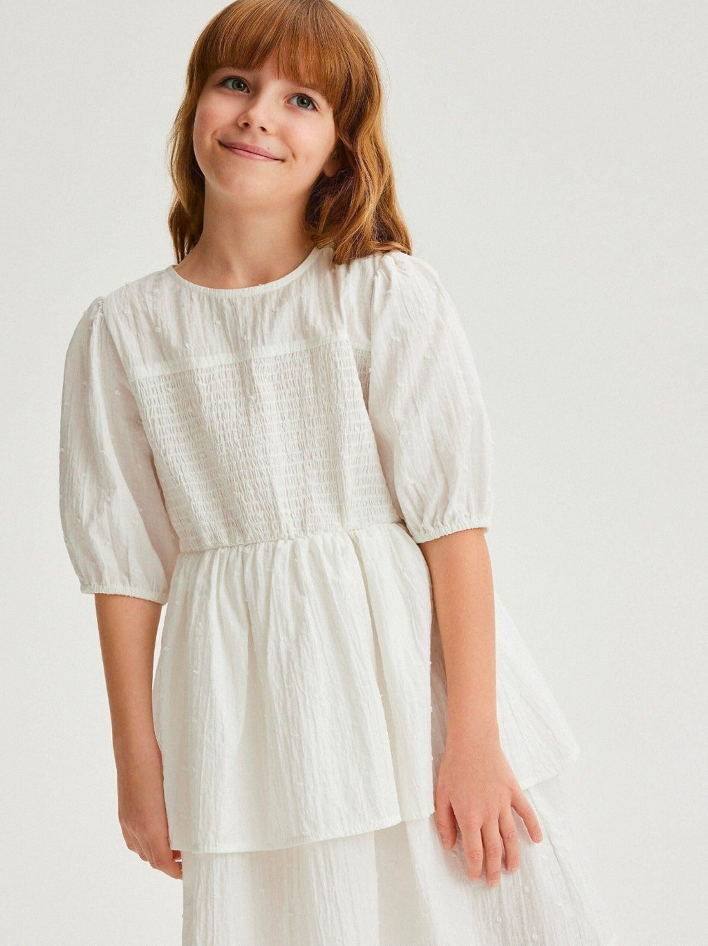 Reserved Girls Off-White Cotton Dress with Ruffles
