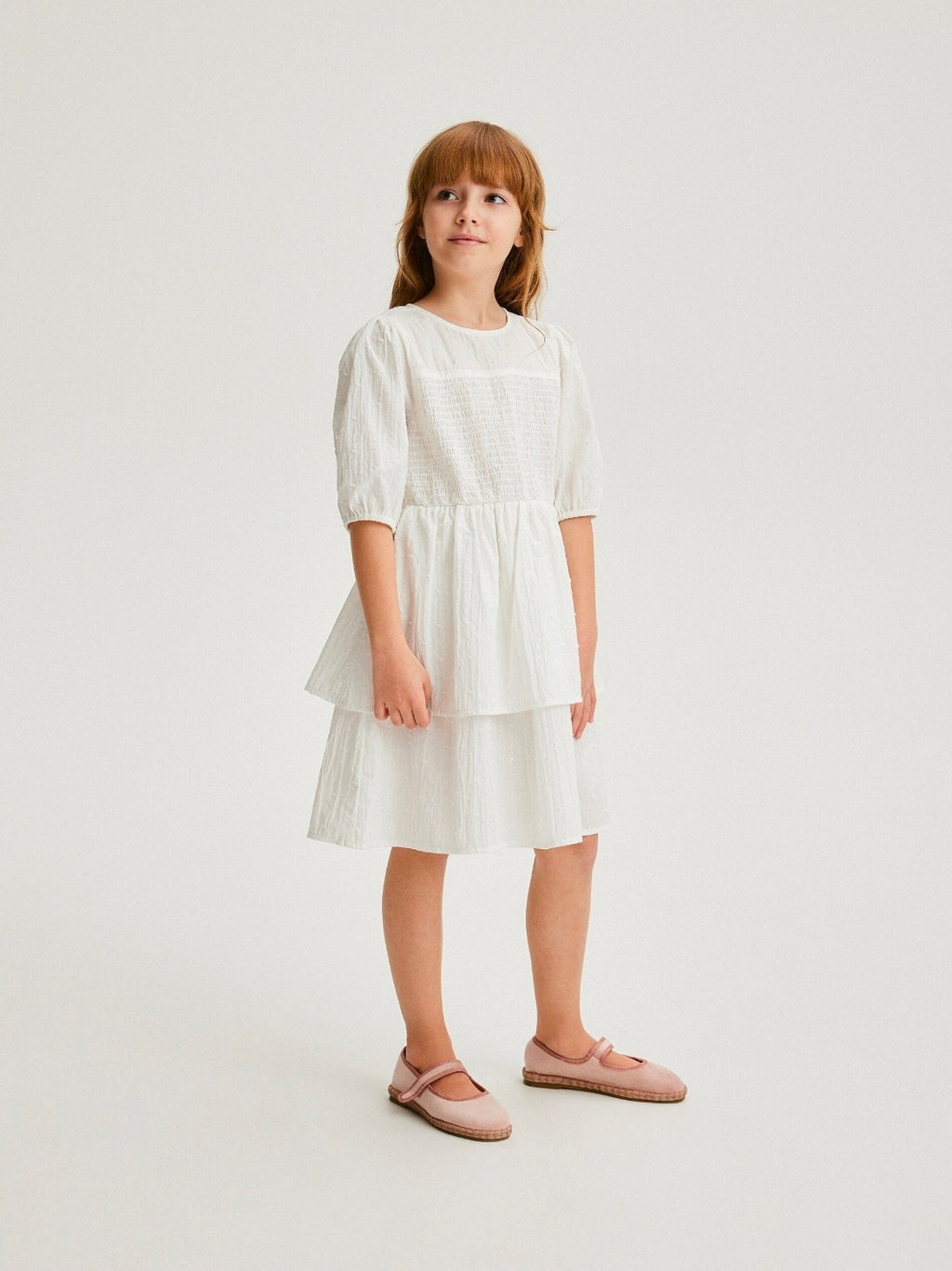 Reserved Girls Off-White Cotton Dress with Ruffles
