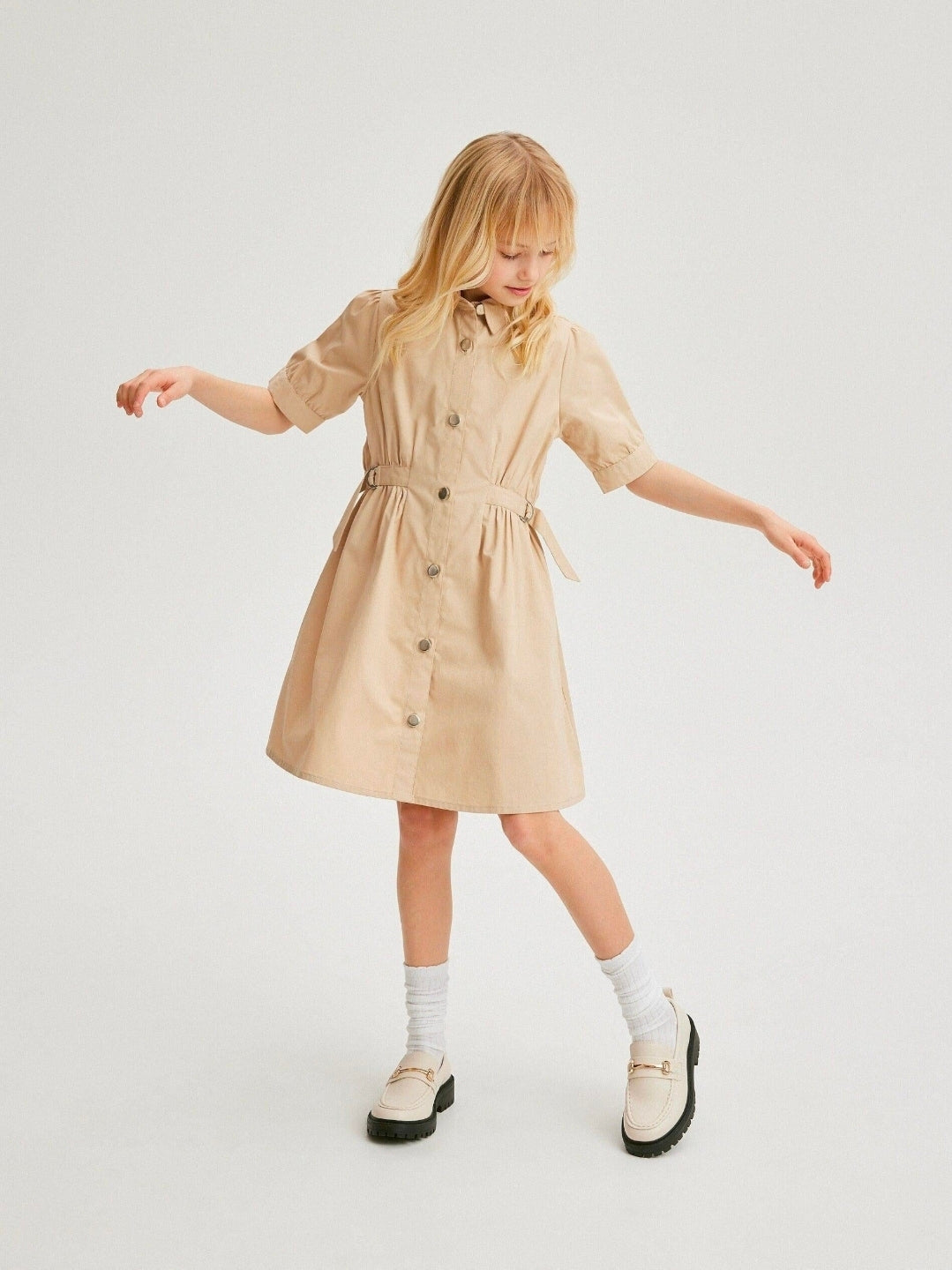 Reserved Girls Beige Cotton Shirt Dress