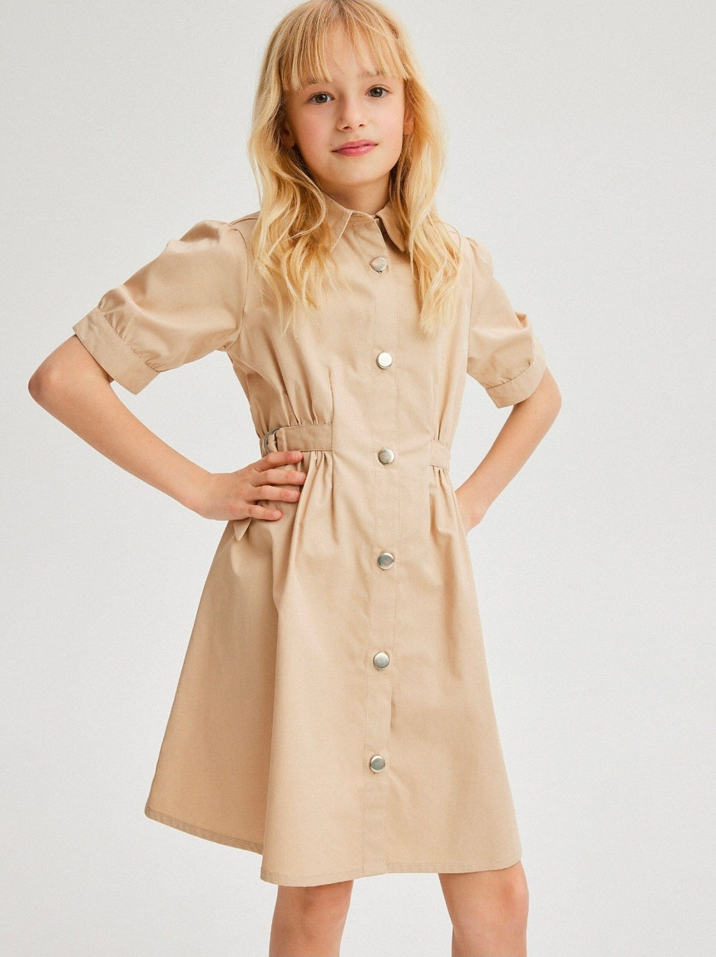Reserved Girls Beige Cotton Shirt Dress