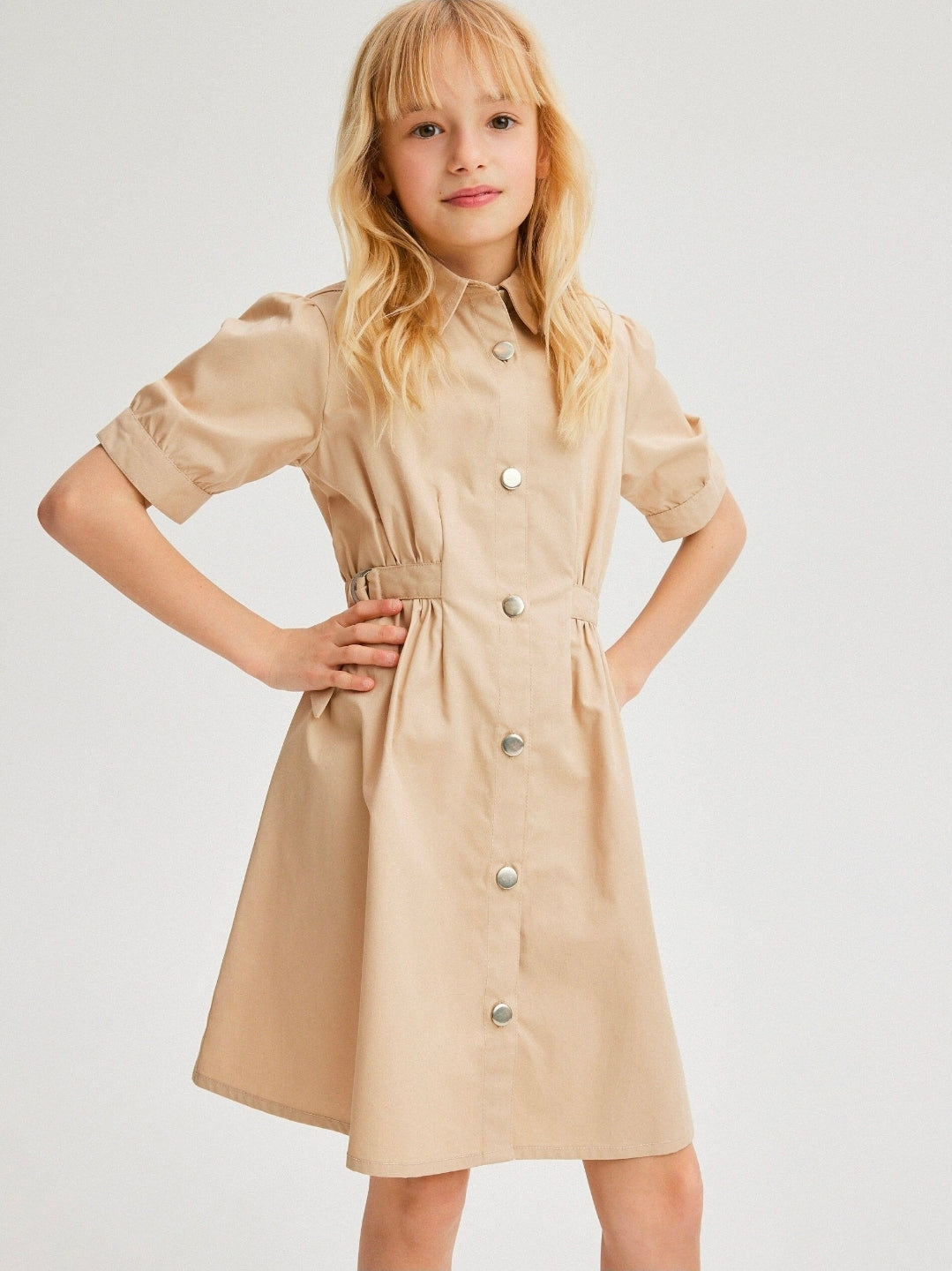 Reserved Girls Beige Cotton Shirt Dress