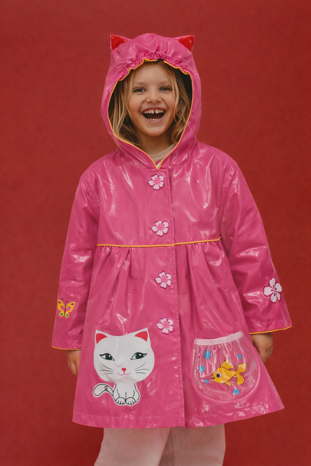 Kids Waterproof Jacket Childrens Coat Pink Cat Hooded Raincoat Mac - Kidorable